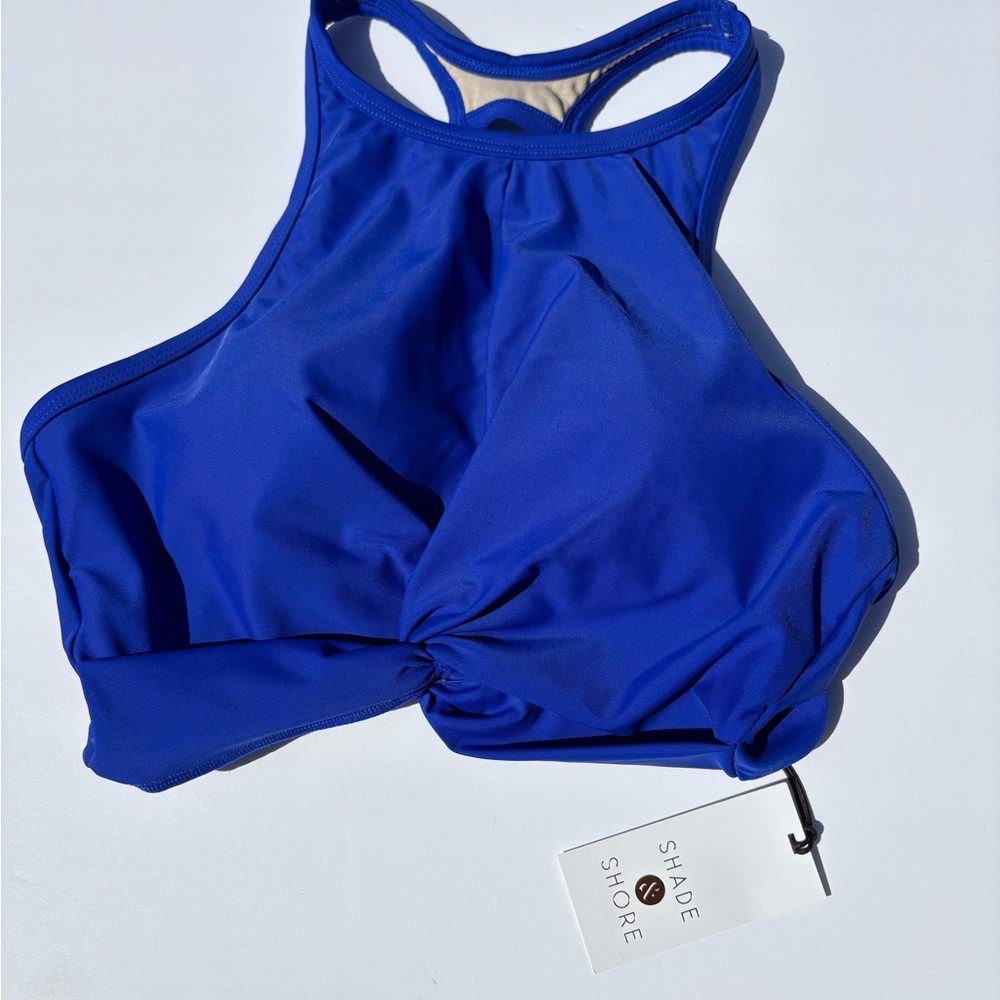 Shade & Shore Blue Sports Bra with High Neck and Racerback